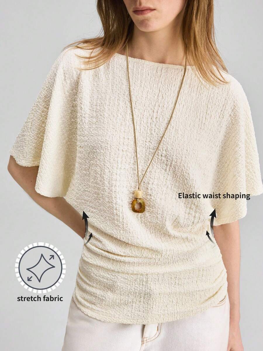 Ontre Camiseta de mujer con cuello de barco, mangas de murciélago, cintura fruncida, diseño elegante y vintage, ideal para uso casual de oficina, estilo romántico moderno y urbano - Albaricoque - Ver 1
