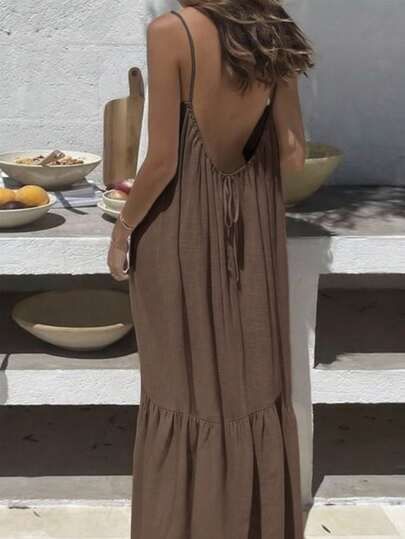 Cévolie Women's New Casual Solid Color Fabric Backless Drawstring Adjustable Waist Long Dress, Loose Pleated Dress, Minimalist Versatile Dress Suitable For Daily Wear, Party, Vacation