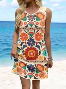 Sylviya Women's Casual Sleeveless Printed Short Vacation Dress, Summer Dress, Vacation Outfit, Bohemian Style Dress, Strapless Dress, Shirt Dress - Multicolor - View 1