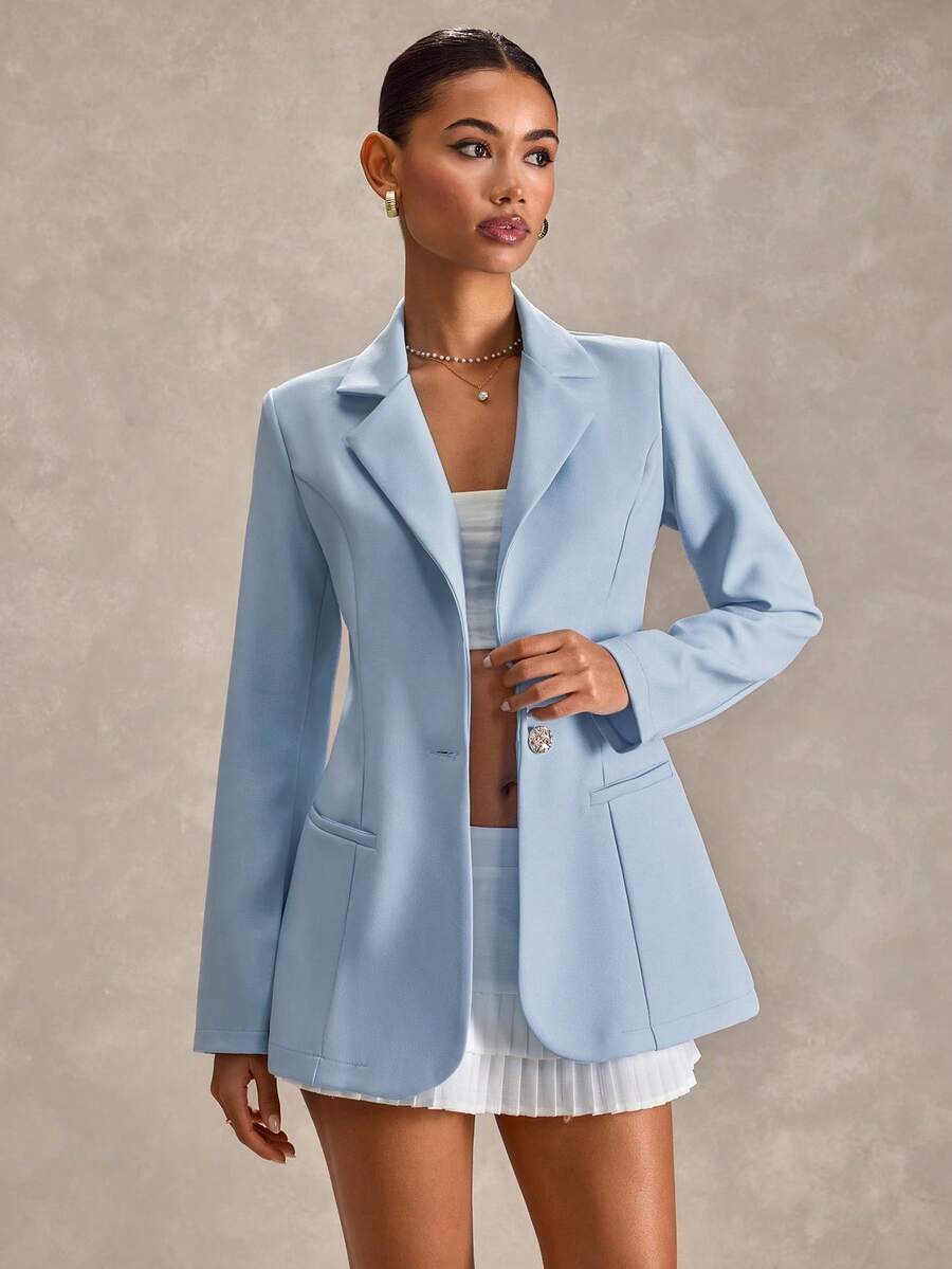 EURMUSE Women Gold Button Detailed Regular Fit Blazers - Baby Blue - View 1