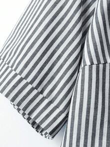 SHEIN LUNE 大码女士亚麻条纹圆领前开襟七分袖休闲度假衬衫 - 黑與白 - 查看 4