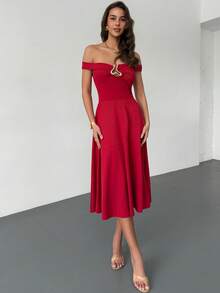 SHEIN LUNE Women's Elegant Red Summer Party Dress, Off Shoulder One Neck Medium To Long Formal Dress,Waist Cinching Metal Decoration Wedding Bridesmaid Prom - Red - View 4