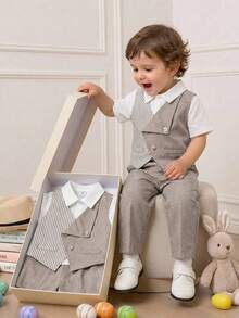 SHEIN 1 bộ đồ bé trai mùa xuân/hè thời trang dễ thương, áo vest sọc xanh phối màu và quần dài, trang phục quý ông trang trọng, phù hợp cho kỳ nghỉ, đám cưới, đầy tháng, lễ rửa tội, tiệc sinh nhật 1 tuổi, tiệc mừng em bé sắp chào đời, thanh lịch, khách mời đám cưới, phù rể nhí, cậu bé cầm nhẫn, đám cưới, lễ Phục sinh - Màu Khaki - Xem 1