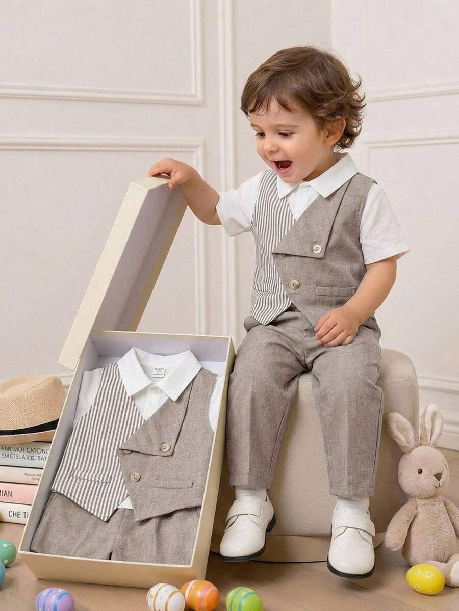 SHEIN 1 bộ đồ bé trai mùa xuân/hè thời trang dễ thương, áo vest sọc xanh phối màu và quần dài, trang phục quý ông trang trọng, phù hợp cho kỳ nghỉ, đám cưới, đầy tháng, lễ rửa tội, tiệc sinh nhật 1 tuổi, tiệc mừng em bé sắp chào đời, thanh lịch, khách mời đám cưới, phù rể nhí, cậu bé cầm nhẫn, đám cưới, lễ Phục sinh - Màu Khaki - Xem 1