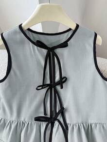 SHEIN Serisse Kids Tween Girl Butterfly Decor Contrast Trim Casual Sleeveless Shirt Vest And Wide Leg Pants 2 Pieces Set,Sage Green,Summer,Elegant,Tea Party Formal Suit - Cadet Blue - View 6