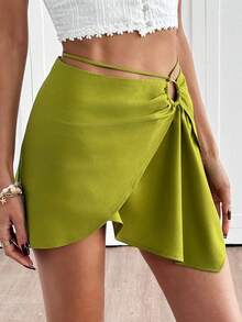 Women's Summer Beach Vacation Style Solid Color Metal Ring Waist Hollow Out Twist Asymmetrical Hem Skirt - Green - View 3