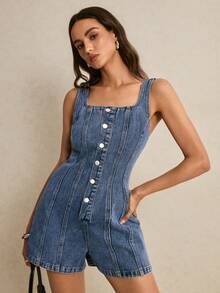 Quần yếm và áo liền quần denim dáng ôm thoải mái dành cho nữ - Rửa tối - Xem 7