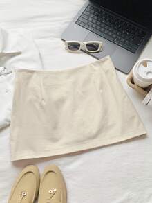 SHEIN EZwear 女士杏色撞色迷你裙，超短系带腰裙，春夏款 - 杏色 - 查看 2