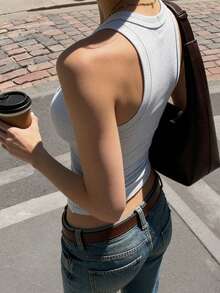 INAWLY Solva Women's Simple Solid Color Square Neck Fitted Tank Top, Summer - Light Grey - View 4