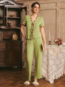 SHEIN 女士法式V领系带蕾丝边短袖开衫睡衣套装 - 橄欖綠 - 查看 5