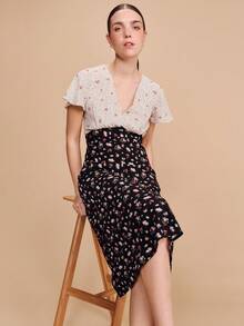 lacRébo Đầm midi tay ngắn in hoa kiểu cổ điển với họa tiết tương phản, phong cách Pháp mùa xuân hè, kiểu Pháp, phong cách Paris. - Nhiều màu - Xem 4