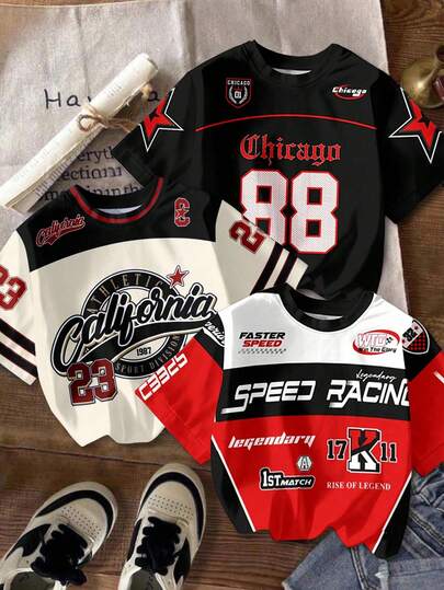 3pcs/Set Tween Boy New Casual Minimalist Y2K Style English Letter & Number 23 Sports Retro American Colorblock Comfortable Short Sleeve T-Shirts, Suitable For Spring/Summer