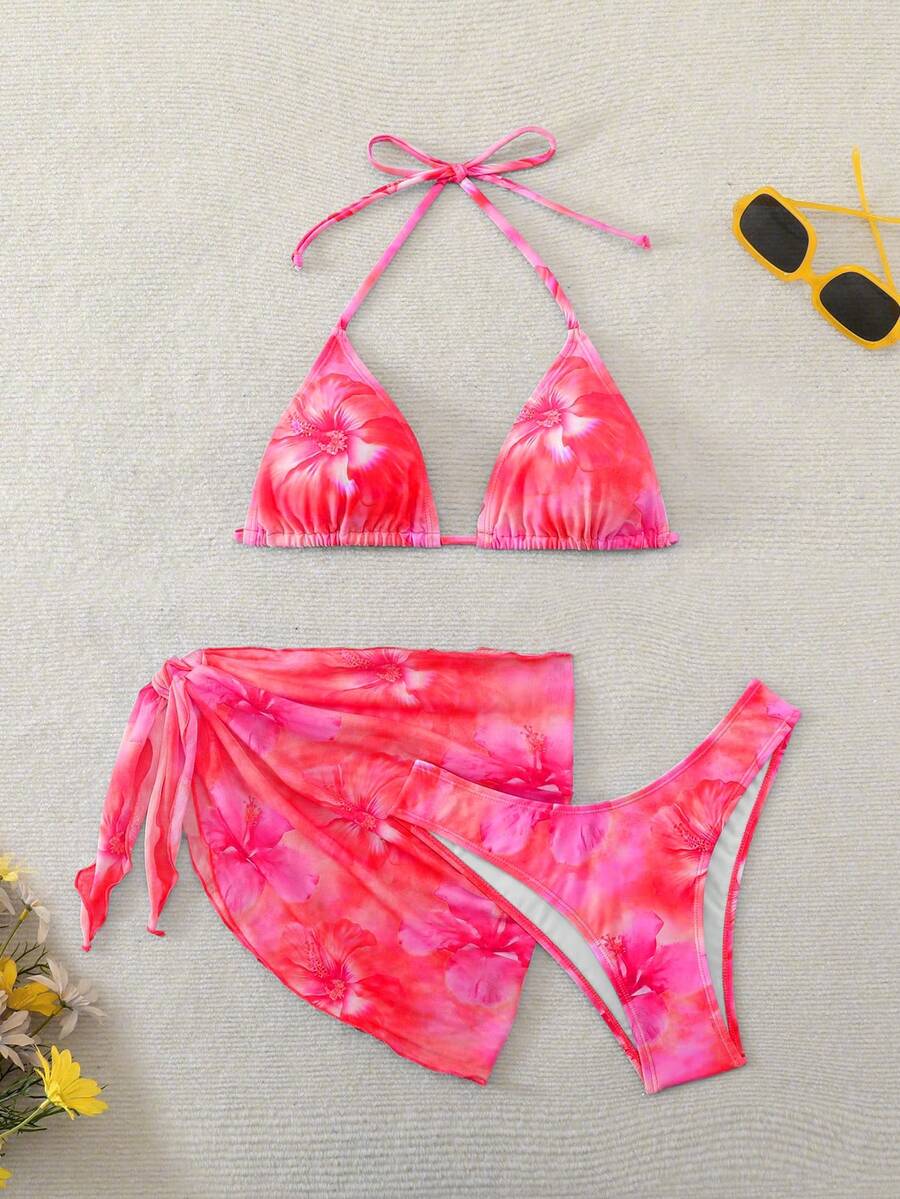 Swim Mod Women's Floral Print Halter Tie Swimwear Set - Hot Pink - View 1