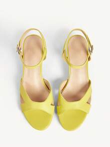 CUCCOO CHICEST Women Shoes Spring And Summer New Round Head Kitten Heel Medium Heel Romantic Elegance Temperament Yellow Sheep Pattern PU Women's High Heel Sandals Ankle Strap Dating Afternoon Tea Valentine's Day Elegant Wear - Yellow - View 2