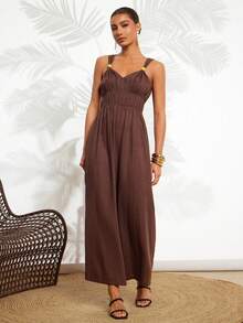 Gownix Women's Brown And Gold Summer Casual Vacation Holiday Jumpsuit,V-Neck Spaghetti Strap Sleeveless Wood Button Wide Leg Boho Romper,Ruched Playsuits - Brown - View 5