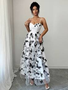 Elenzga Elegant Sleeveless Dress With Butterfly Embroidered Mesh Bodice, Waist Cinching, And Layered Flared Skirt, Sophisticated And Sexy Design, Suitable For Spring/Summer - White - View 5