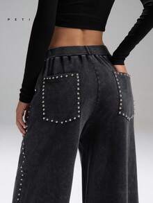 LYSMO Petite 女士灰色休闲水洗水钻装饰阔腿运动裤，女士运动休闲裤，女士运动休闲裤，女士健身夏季裤，女士春假外出裤，街头服饰 - 深灰色 - 查看 9