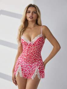 HautHeat Women's Leopard Print Contrast Lace Sexy Camisole Nightgown - Pink - View 3