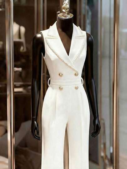 Rafferiza ชุดจั๊มสูทสีขาวทึบสำหรับผู้หญิง, ทรงมินิมอล, แขนกุด, คอปก, แต่งมุก, เข้ารูปช่วงเอว, เหมาะสำหรับใส่ไปทำงาน, ลำลอง, ใส่ในชีวิตประจำวัน, ออฟฟิศ, ออกเดท, วันวาเลนไทน์, ชุดจั๊มสูทสีขาว, ชุดจั๊มสูทลำลอง, ฤดูร้อน