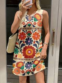 Sylviya Women's Casual Sleeveless Printed Short Vacation Dress, Summer Dress, Vacation Outfit, Bohemian Style Dress, Strapless Dress, Shirt Dress - Multicolor - View 3