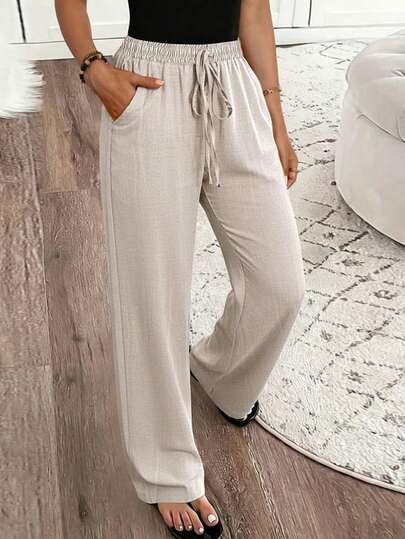 SHEIN Holidaya Ladies' New Spring And Summer Light Khaki Faux Linen Wide-Leg Pants, Featuring A Simple Light Khaki Color, With An Elastic Waist And A Loose Wide-Leg Silhouette, Made Of Breathable Textured Material, Suitable For Daily Casual / Work Attire. Product Features Include: Women's Comfortable Straight-Leg Pants, Elastic Waist Design Suitable For Various Body Types,  Women Casual Pants Lace Up Pants Women Wide Leg Pants Women Pants Casual Boho Pants For Women Pants For Women Drawstring Pants For Women