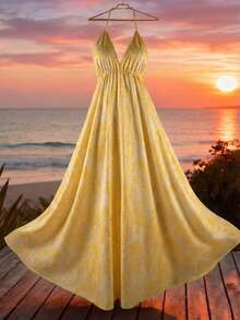 Breezaya Women's Summer Vacation Style Printed Open Back Drawstring Dress - Yellow - View 4