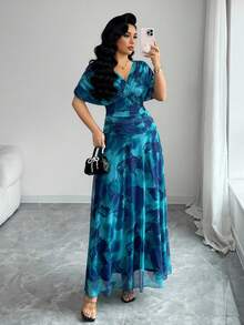 Modelyn Women's Elegant Tie Dye Floral Print Long Knit Dress - Aqua Blue - View 1