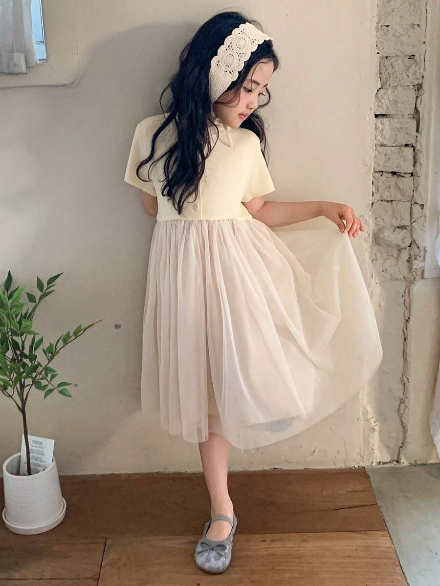 DAZY 女童网纱拼接圆领短袖休闲针织连衣裙 - 白色 - 查看 1