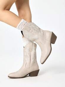 ROMWE Fairycore 女士粉色西部靴，尖头V型厚底刺绣皮靴，低跟木屐，套穿式骑马靴和踝靴春季鞋 - 米色粗線 - 查看 3