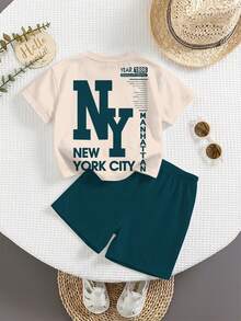 SHEIN 男婴新款休闲简约Y2K风格英文字母NY运动复古美式撞色宽松舒适短袖T恤短裤套装，适合夏季穿着 - 彩色 - 查看 2