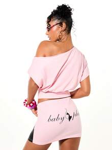 BABYPHAT Áo trễ vai dáng rộng in hình mèo với logo chữ viết tay, thích hợp cho ngày Valentine. - Hồng - Xem 2