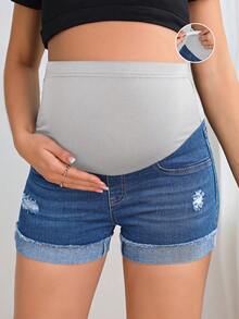 SHEIN Maternity Solid Color Casual Denim Shorts - Medium Wash - View 1