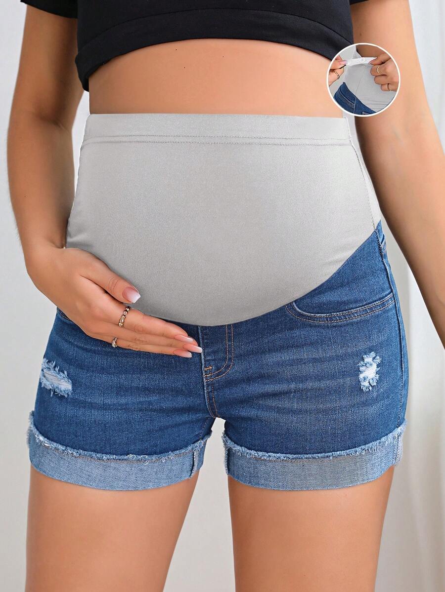 SHEIN Maternity Solid Color Casual Denim Shorts - Medium Wash - View 1