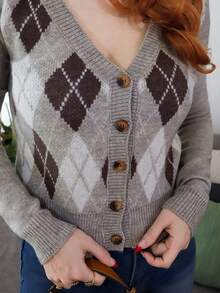 Gretanique Cárdigan de mujer casual y versátil con estampado de rombos - Multicolor - Ver 3