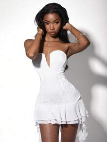 Amplova 女士蕾丝紧身连衣裙，荷叶边下摆，A字型，花卉拼接，适合生日派对、情人节、Y2K风格 - 白色 - 查看 6