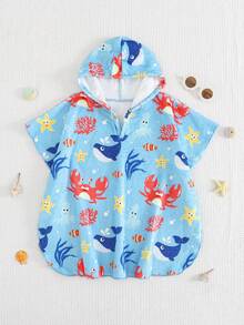 SHEIN Young Boy Ocean Creature Print Hooded Swimsuit Top - Blue - View 4