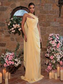 Glamrae 优雅简约的结构主义雪纺不对称领口褶裥装饰A字长袍，适合晚礼服、商务正装、宾客礼服等场合。 - 淡黃色 - 查看 5