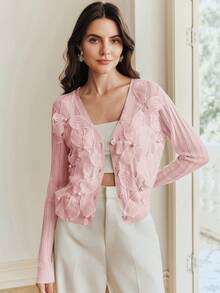 Anewsta Cardigan élégant en tricot rose doux à manches longues avec perles, fleurs et motifs ajourés pour femmes, idéal pour le printemps et l'été - Rose bonbon - Voir 3