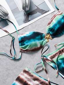 SHEIN Swim Tie Dye Fabric Metal Decor Drawstring Design Elegant Women Swimwear Set, Suitable For Vacation - Multicolor - View 7