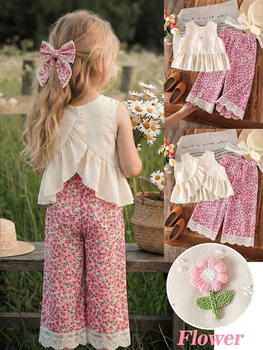 Emery Rose Kids Emery Rose Kids 两件套女童无袖纯色圆领休闲上衣和长裤套装 - 粉色 - 查看 1