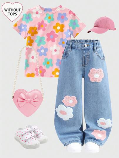 SHEIN Young Girl' Pink & White Floral Embroidered Pattern Blue Denim Loose Fit Pants,Kid Girls Spring And Summer Casual Kid Girls Spring And Summer Casual Vacation Country Boho Wear, Beach Outfits For Kid Girls, Western Street Wear For Girl, Spring Break Outfits, Rave Outfits Festival Denim Pants