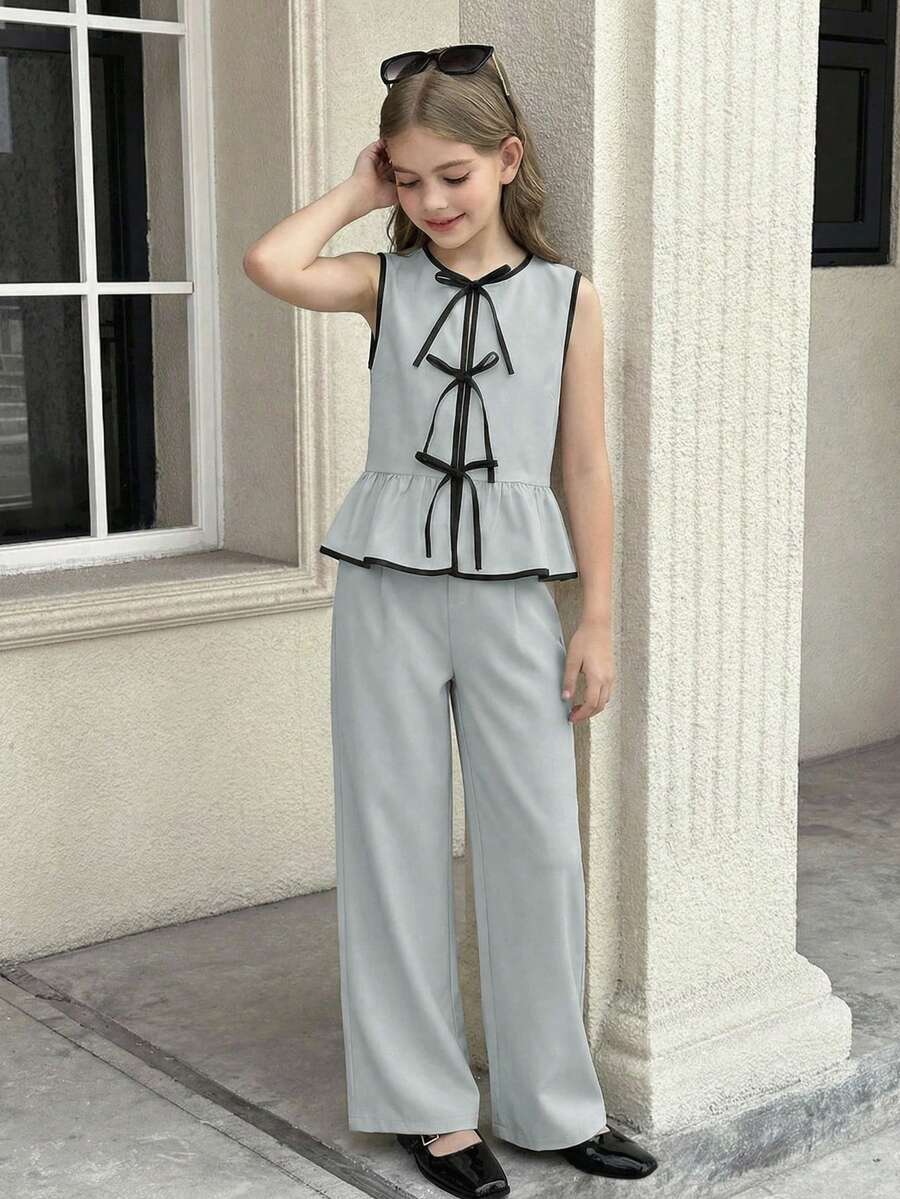 SHEIN Serisse Kids Tween Girl Butterfly Decor Contrast Trim Casual Sleeveless Shirt Vest And Wide Leg Pants 2 Pieces Set,Sage Green,Summer,Elegant,Tea Party Formal Suit - Cadet Blue - View 1