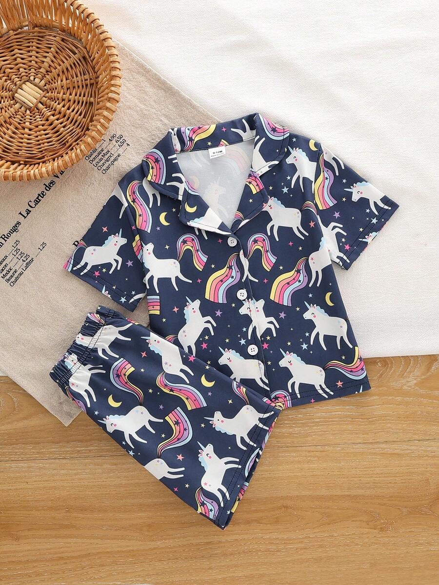 女婴甜美可爱优雅休闲舒适柔软阻燃针织独角兽彩虹卡通印花开衫短袖上衣和短裤睡衣套装，两件套家居服 - 彩色 - 查看 1