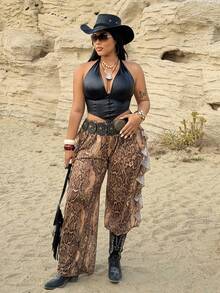 Rustia 大码雪纺荷叶边度假裤，春夏款 - 彩色 - 查看 4