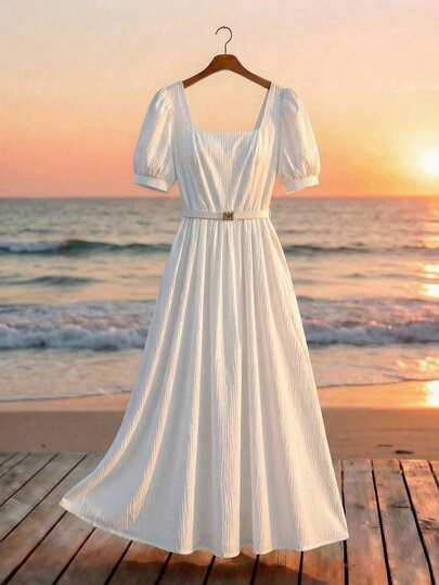 GlowEve 白色方领短袖女士休闲连衣裙，配腰带，适合通勤和日常穿着