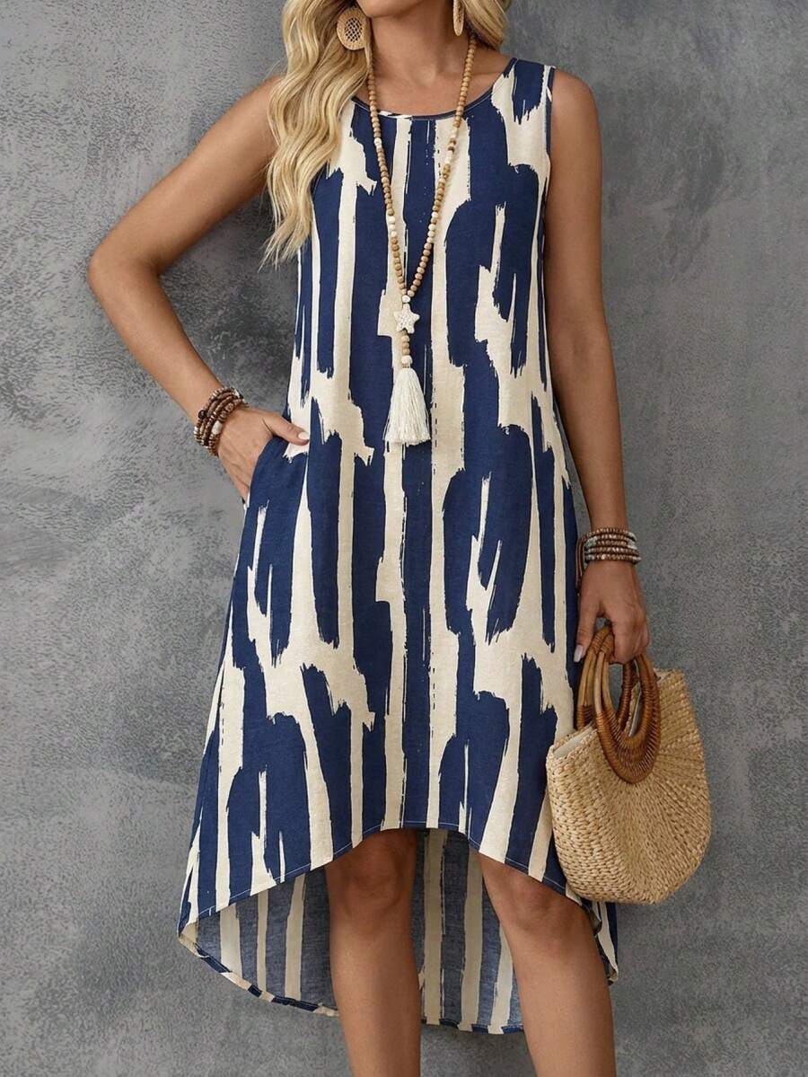 EMERY ROSE Đầm ngắn nữ kiểu dáng thường ngày, không tay, in họa tiết toàn thân, vạt bất đối xứng, thích hợp cho mùa hè. - Màu xanh hải quân - Xem 1
