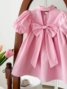 SHEIN LMoss Kids Baby Girl Green Short Sleeve Collared Dress, Summer - Pink - View 5