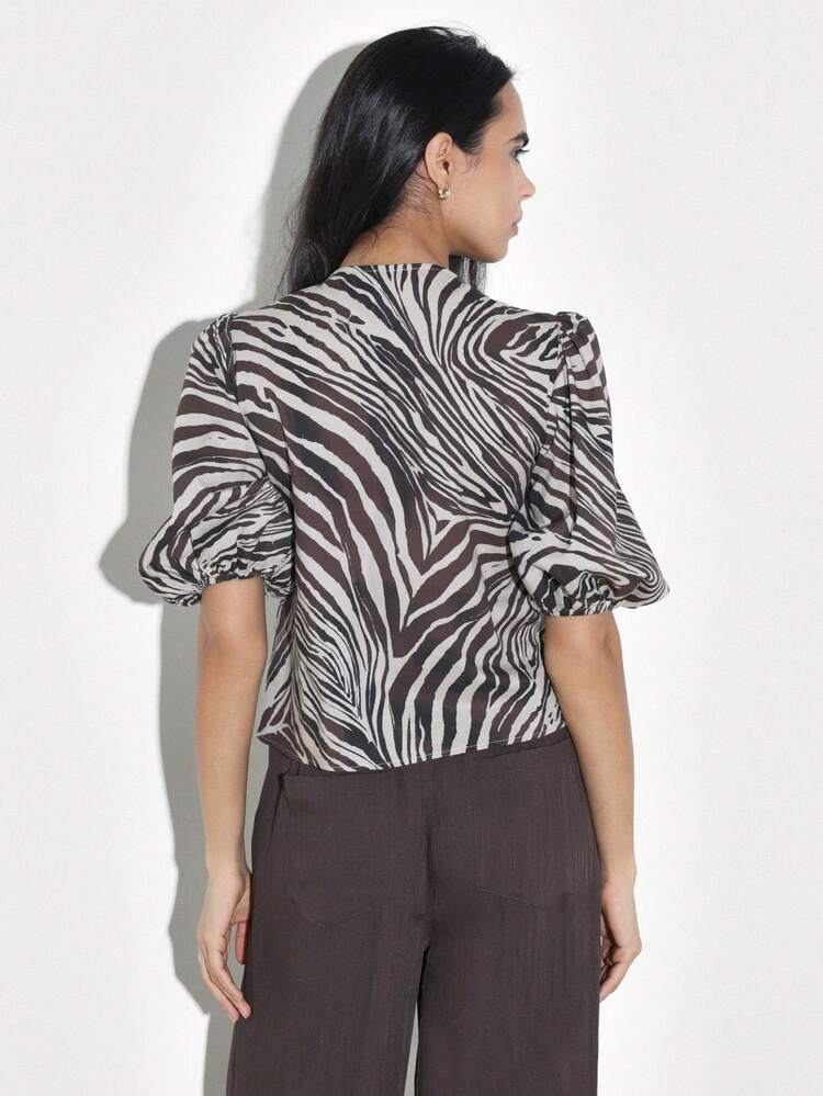 KSTM Women Zebra Print V-Neck Short Sleeve Knotted Blouse With Gathered Sleeves And Front Tie Detail