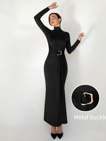 Aloruh 新作 スリムフィット ウォーム モックネック 長袖 ウエストタック ワンピース (冬用)