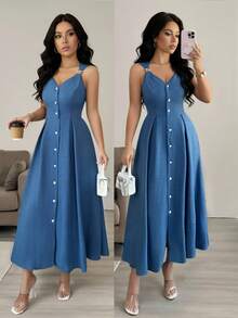 Rafferiza 女士夏季蓝色泡泡纱无袖中长连衣裙，饰有金属扣环 - 藍色 - 查看 7